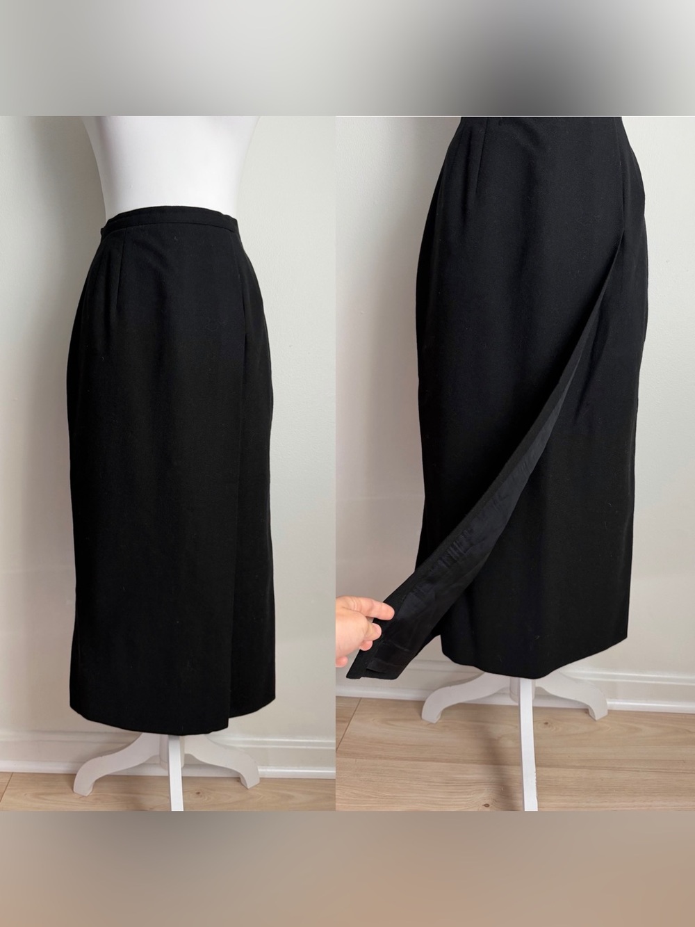 Vintage Black 100% Wool Amanda Smith High Waisted Midi Skirt 26" Waist